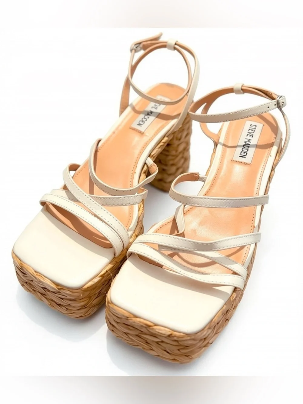 Steve Madden NWT Belise White Leather Raffia Platform Block Heel Sandals 7.5M